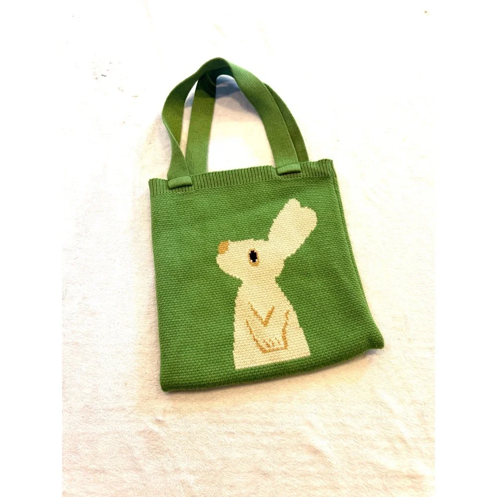 Green Knit Bunny Tote Bag Intarsia Rabbit Reusable Shopper Shoulder Bag